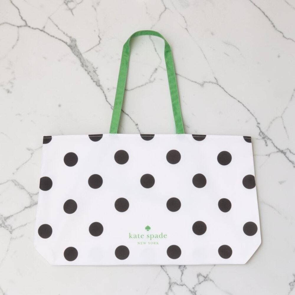 Kate Spade Large Reusable Foldable White Black Polka Dot Canvas Tote Bag
